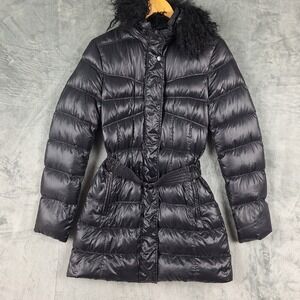 ADD Jacket Womens 4 European Goose Down Puffer Coat Fur Collar Belted Black